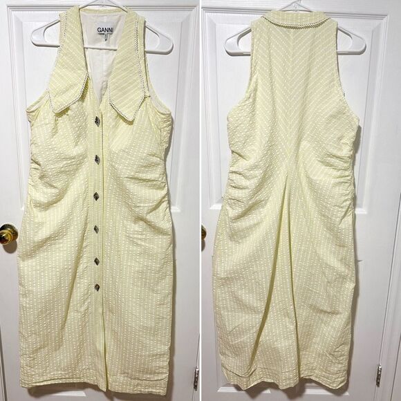 Ganni Seersucker Stripe Midi Dress Stripe Flan Size 14 Yellow - Picture 6 of 16